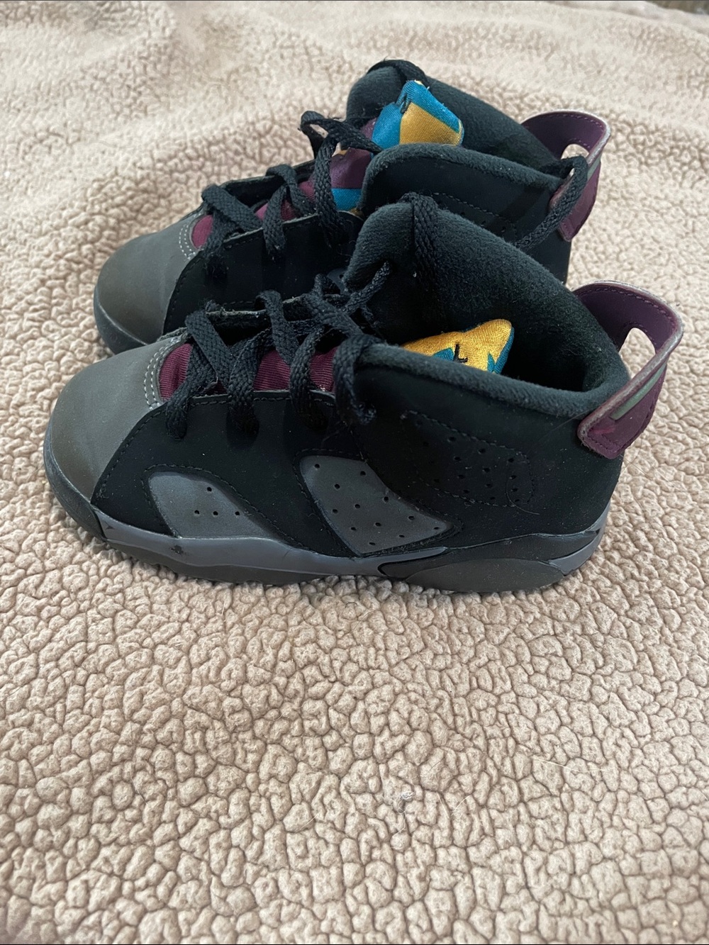 Jordan Kids Black and Gray High-Top Sneakers with Purple and Yellow Accents